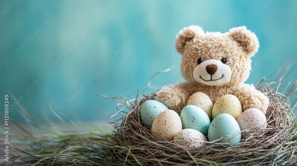 Poster teddy bear nestled in a bird's nest with pastel easter eggs on a soft blurred background for spring 