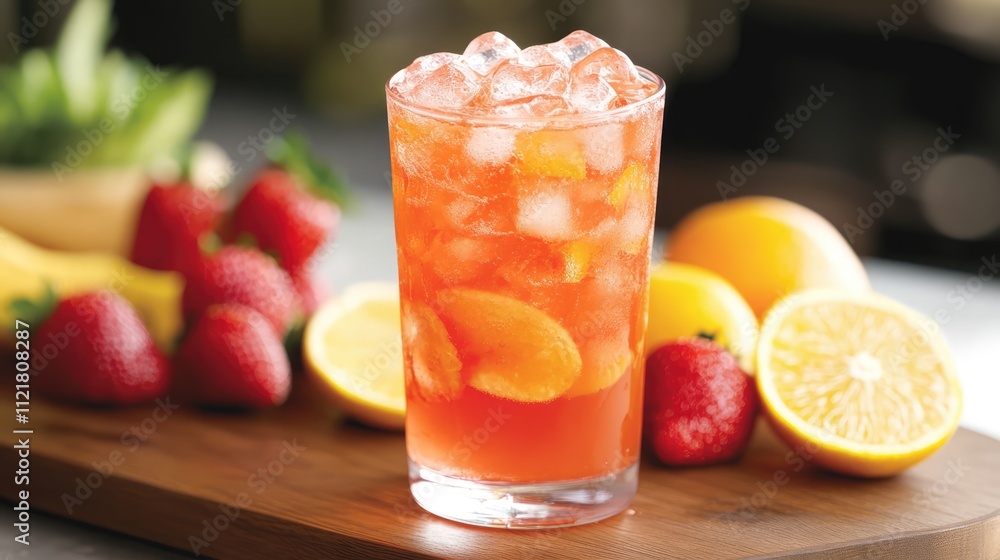 Aufkleber refreshing fruit syrup beverage with ice garnished with citrus and berries on a wooden surface for a