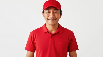 Smiling man in red polo shirt and matching cap posing against a clean white background, representing confidence and hospitality in casual wear