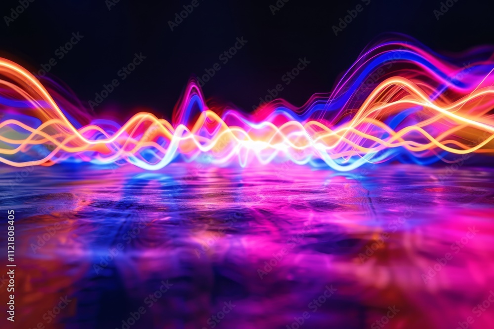 Poster vibrant abstract light trails against a dark background creating a dynamic energy landscape with col