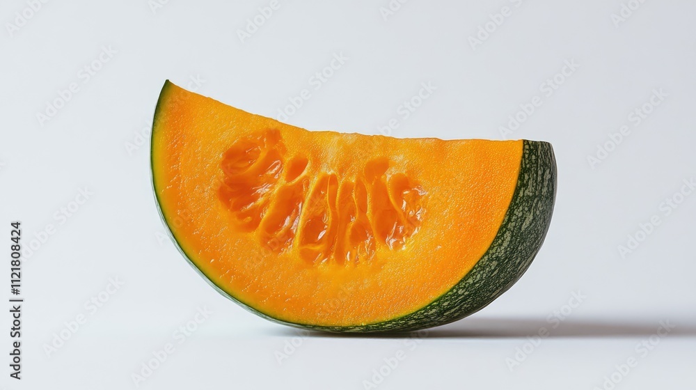 Poster Vibrant orange Spring Bitter Cucumber slice displayed against a clean white background highlighting its texture and color in studio lighting