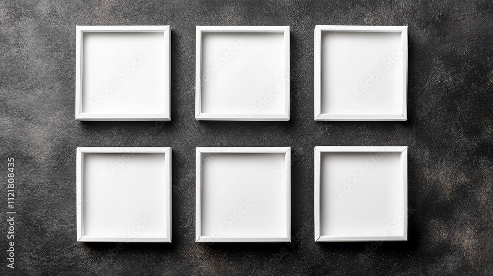 Poster rectangular white box mockup display arranged in six squares on a textured dark background for brand