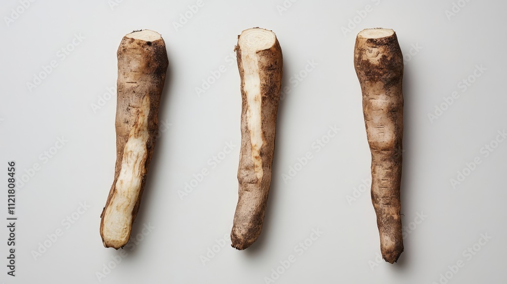 Poster three whole ripe cassava roots displayed on a clean white background ideal for agricultural and culi