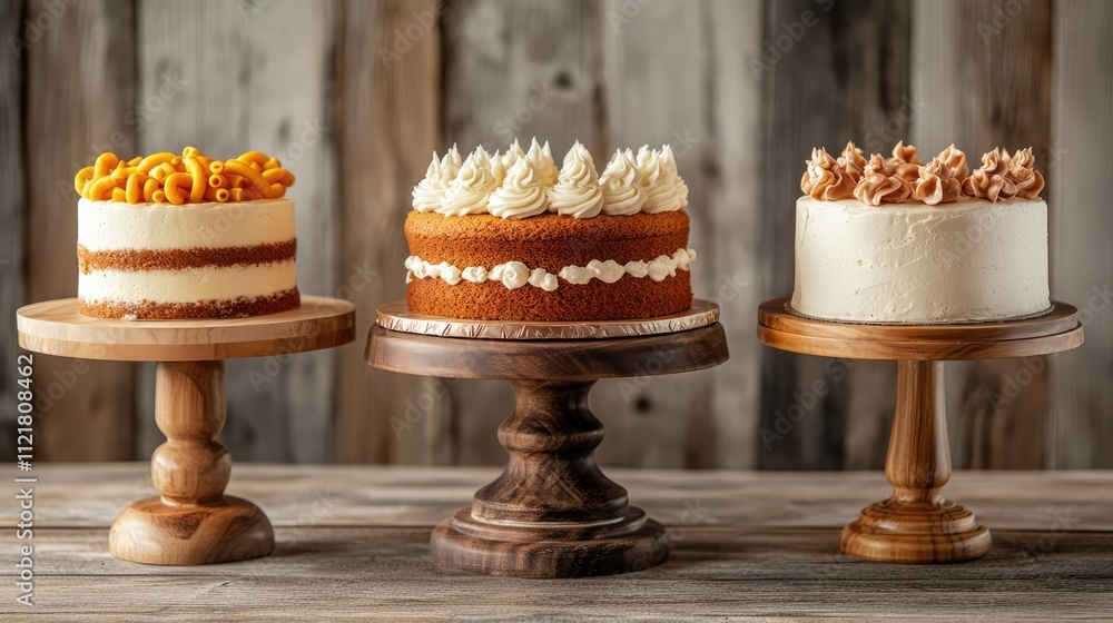 Poster three beautifully crafted cakes on wooden stands in an inviting bakery setting perfect for showcasin