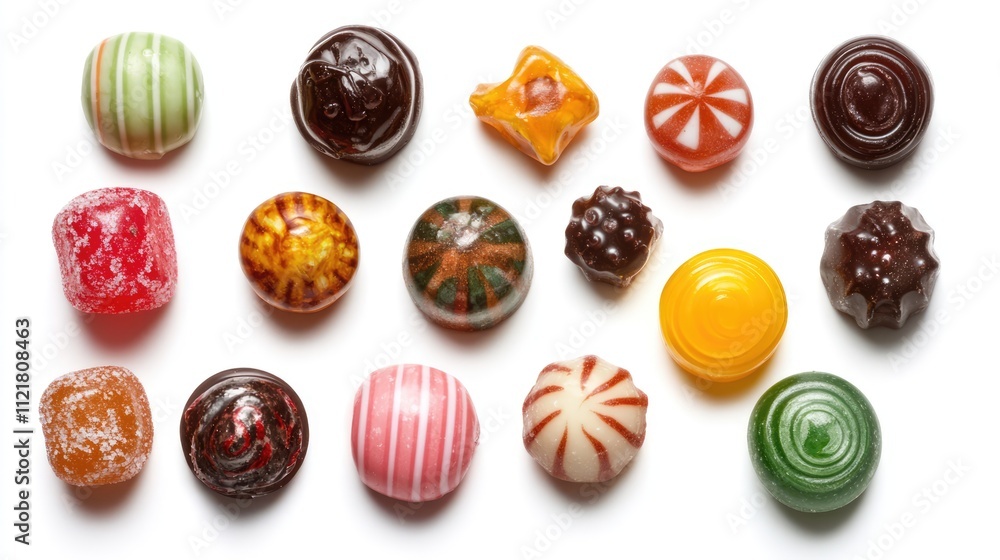 Poster colorful assortment of various shaped candies arranged on a white background showcasing vibrant text
