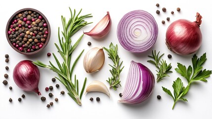 Isolated on white background, top view, red onion, garlic, parsley, rosemary, coriander, spices 