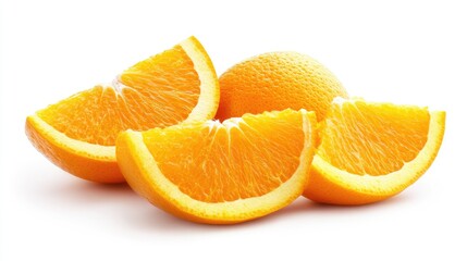 Freshly sliced orange segments arranged artfully on a white background showcasing vibrant color and texture for culinary or health concepts