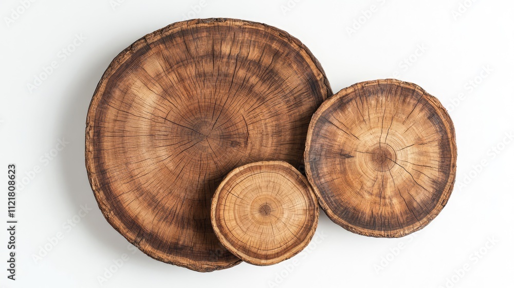 Poster natural wood stump trays arranged elegantly on a white background showcasing rustic home decor and o