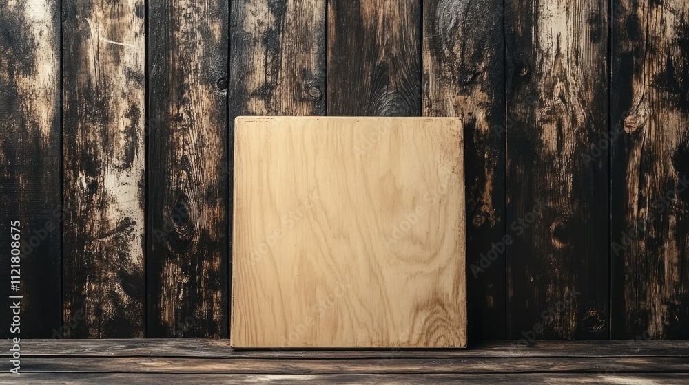 Poster empty wooden board on rustic backdrop for showcasing products or designs in a creative presentation 
