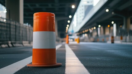 Traffic safety cone on urban road highlighting lane division with creative copy space in vertical format, emphasizing street infrastructure.