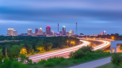 Obraz premium A twilight cityscape featuring a skyline and light trails from traffic on a highway.