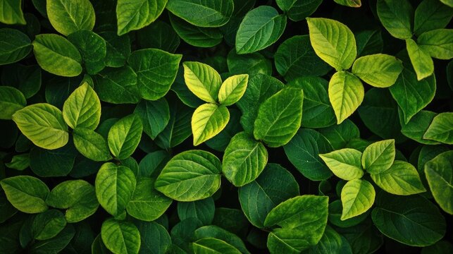 Lush green foliage with varying shades of green against a dark background capturing the beauty of nature in an outdoor setting.