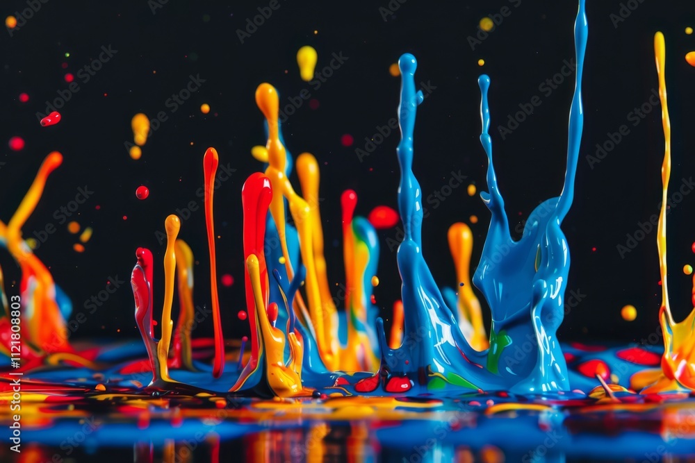 Poster vibrant splashes of colorful paint taking flight against a black background showcasing dynamic movem