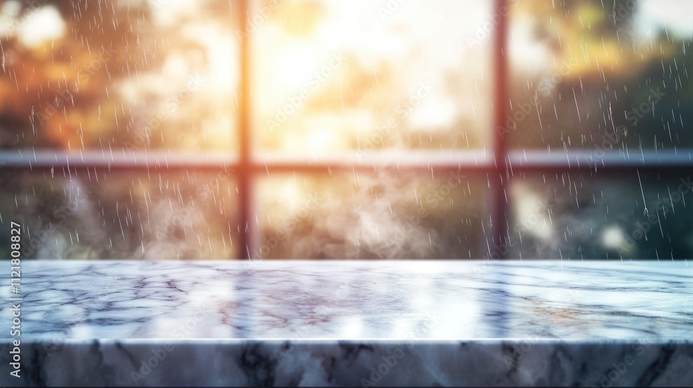 Aufkleber Marble tabletop with blurred window background and rain effect ideal for product display or creative montages in soft morning light