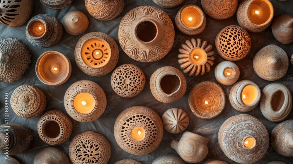 Poster beautifully crafted handmade clay lamps arranged artistically with soft lighting creating an invitin