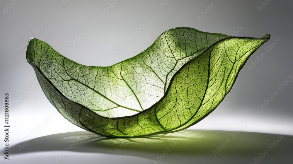 Aufkleber Delicate backlit green leaf bowl showcasing intricate vein patterns against a soft gradient background.