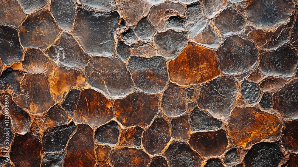Poster Textured surface of dark brown glass with geometric patterns and irregular shapes creating a visually striking background.