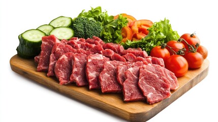 Fototapeta premium Sliced beef with fresh vegetables displayed on a wooden cutting board against a clean white background