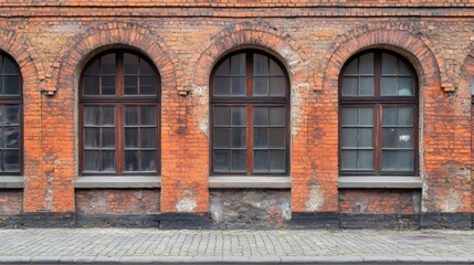 Fototapeta premium Thermal Windows with Heatproof Glazing in Restored Brick Building Facade Architecture Detail