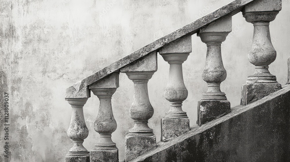 Poster monochrome textured wall with ornate staircase balustrade ideal for backgrounds and design projects