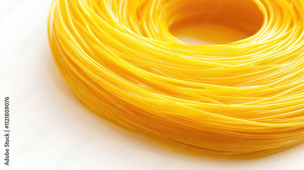 Poster Yellow rolled filament on white background showcasing its smooth texture and vibrant color ideal for creative and craft projects
