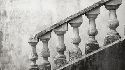 Monochrome textured wall with ornate staircase balustrade ideal for backgrounds and design projects