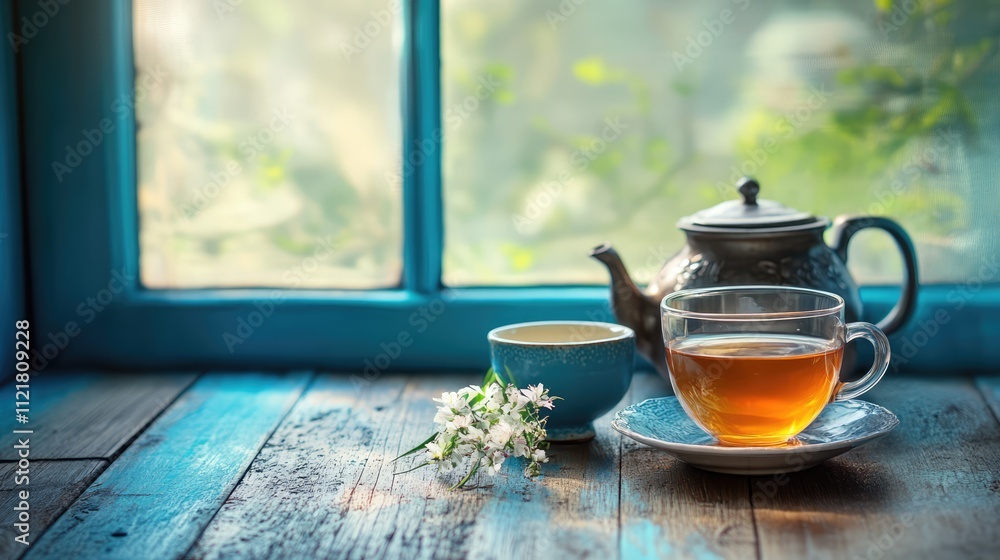Aufkleber teapot and tea cup on a rustic wooden table with a natural background and delicate flowers for a ser