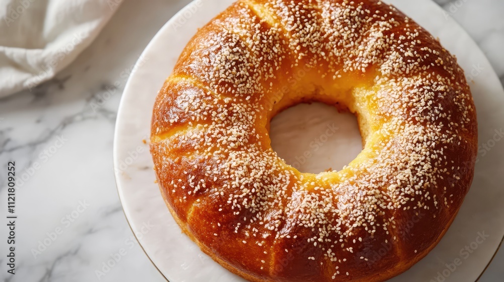 Poster circular classic cake topped with sesame seeds on a marble surface showcasing its golden texture and