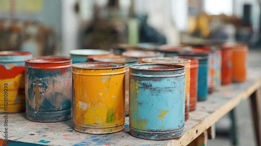 Poster Assorted used paint cans in vibrant colors on a workbench in an artist studio showcasing creativity and artistic supplies.