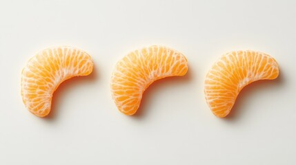 Slices of fresh tangerine arranged in a row on a clean white background showcasing their vibrant color and texture.
