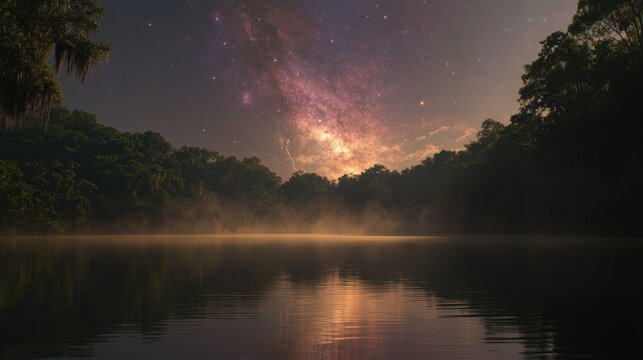 Milky Way Galaxy reflection over calm lake in serene forest showcasing nebulae and starry night sky with misty atmosphere.