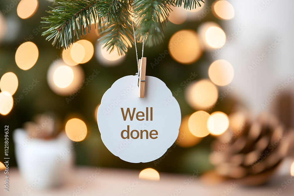 Poster well done text on decorative tag hanging from tree branch, surrounded by festive bokeh lights. this 