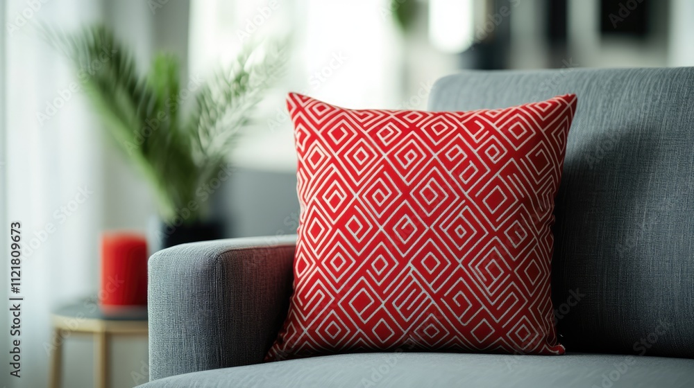Poster red geometric pattern throw pillow on a gray chair with a blurred living room background and space f