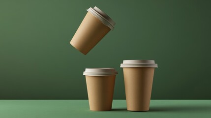 Biodegradable kraft paper coffee cups arranged on a green background showcasing eco-friendly takeaway options and zero waste concept mockup.