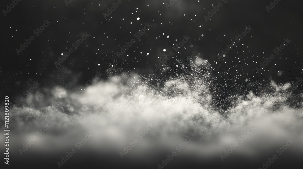 Poster soft smoke and fog swirling in the air against a dark background with particles illuminated by light