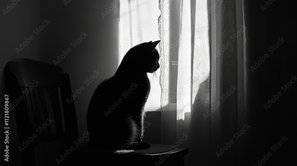 Poster silhouette of a cat sitting on a chair by the window creating a serene atmosphere with soft natural 