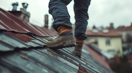 Steeplejack repairing roof seams with professional gear to ensure weatherproof sealing on a residential building.