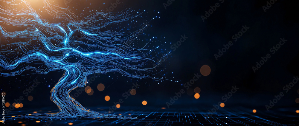 Poster abstract tree made of glowing blue lines, set against dark background with soft bokeh lights. design