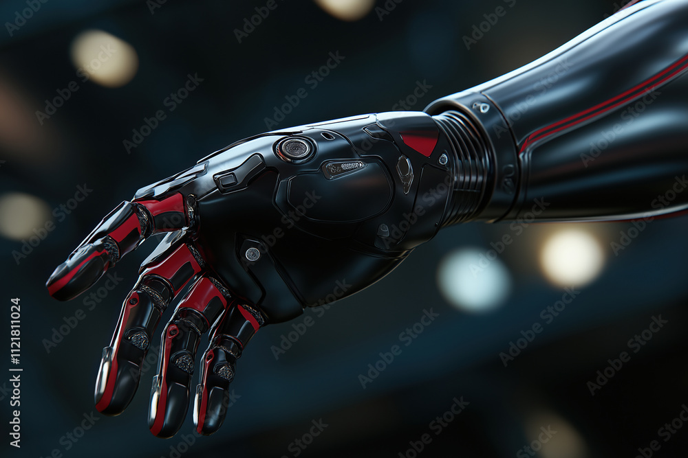 Poster futuristic robotic hand showcasing advanced technology and design in a modern environment