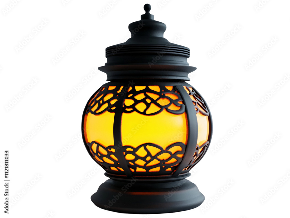 Poster a decorative lantern with intricate patterns, emitting a warm, glowing light from within on transpar