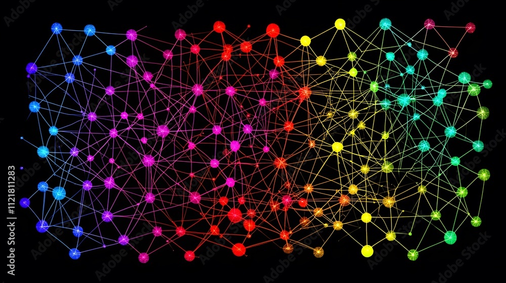 Aufkleber A grid pattern of interconnected nodes, each node glowing in a unique color to signify classification.