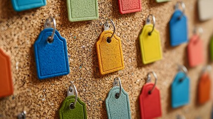 A close-up of colorful tags arranged systematically on a corkboard, representing classified items.