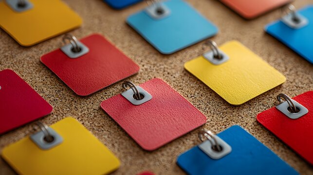 A close-up of colorful tags arranged systematically on a corkboard, representing classified items.
