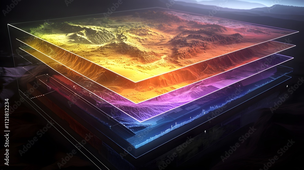 Poster a futuristic holographic chart displaying layers of categorized data.