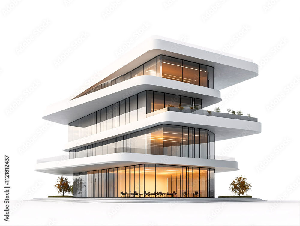 Poster a modern, multi-level building featuring a sleek design with large glass panels and layered architec