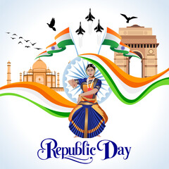 The image celebrates India's Republic Day with key elements: an Indian dancer symbolizing cultural heritage Republic Day text waving flags jets iconic landmarks pigeons and tricolor themes