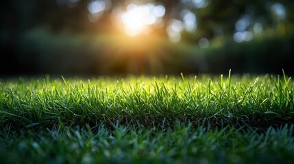 Naklejka premium a close up of a green grass field with the sun in the background
