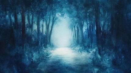 Watercolor painting, dark forest path, glowing light.