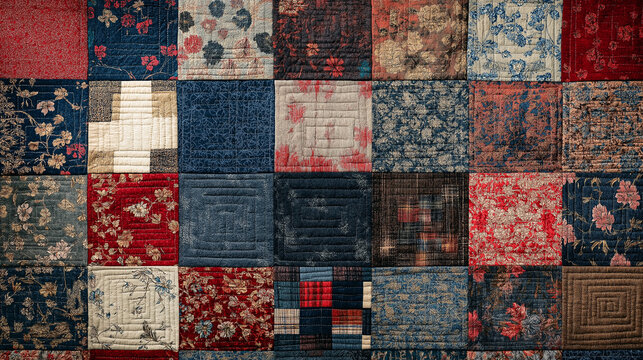 Intricate patchwork quilt with vintage floral and geometric patterns. Flat lay background 