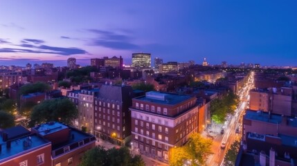 A vibrant city skyline at twilight, showcasing buildings and streets illuminated by lights.